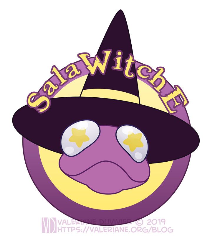 Logo pour l'Ateleir de la SalaWitche, représentant une salamandre mauve avec un chapeau de sorcière